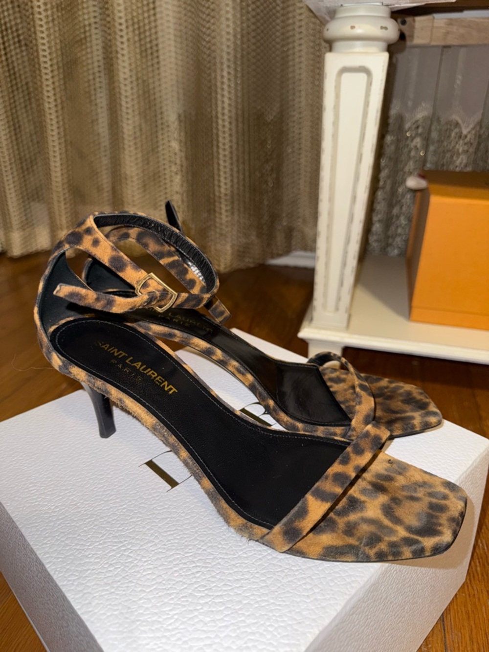 Saint Laurent Leopard-Print Ankle-Strap Heels in Brown and Black